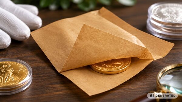 Une précieuse pièce d'or emballée dans du papier d'emballage autocollant et protégée en toute sécurité sur un plan de travail, aux côtés d'autres pièces de collection. Solution d'emballage haut de gamme pour les pièces, les métaux précieux et les objets de collection numismatiques, axée sur la protection des surfaces, la durabilité et une manipulation professionnelle.