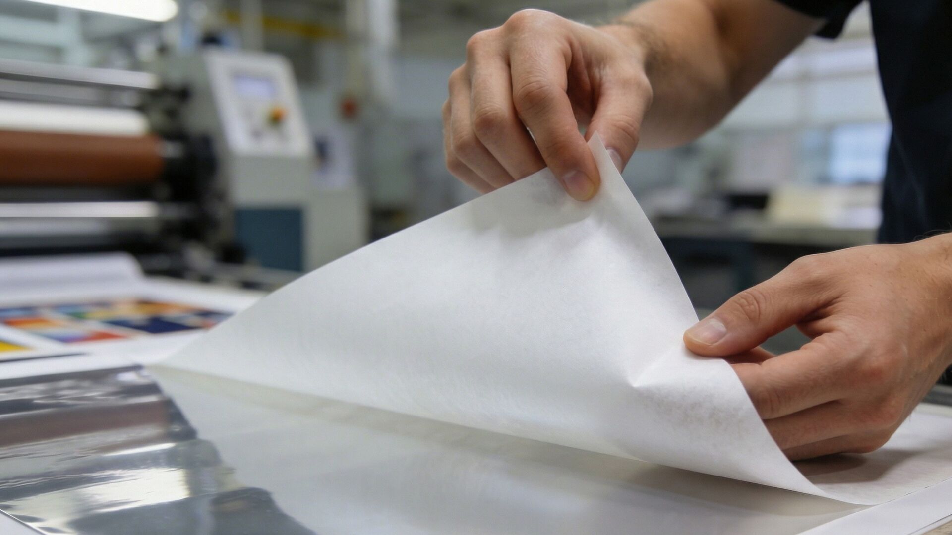Siliconised release liner BRANOperl is removed from industrial adhesive film in a controlled manner and without leaving any residue. BRANOperl silicone paper for printing companies, being peeled off by hand in an industrial production environment.