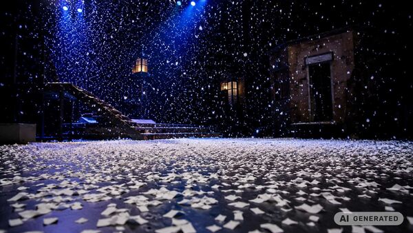 BRANOflame Flammschutzpapier als Theaterschnee BRANOflame als künstlicher Schnee auf einer Theaterbühne für eine realistische Winterkulisse mit sicherer Anwendung.