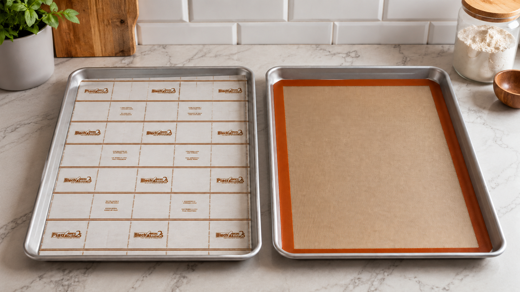 Comparaison entre papier cuisson et tapis de cuisson Comparaison entre papier cuisson et tapis de cuisson en silicone sur deux plaques de cuisson