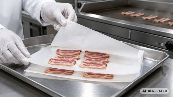 Blechrein Trennpapier in der Baconproduktion, eingesetzt zur sauberen Trennung einzelner Speckstreifen und für effiziente Bratprozesse.