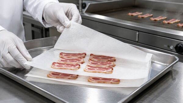 Papier de séparation « Blechrein » pour le transport et la cuisson du bacon Papier de séparation « Blechrein » utilisé dans la production de bacon, destiné à séparer proprement les tranches de bacon les unes des autres et à garantir l'efficacité des processus de cuisson.