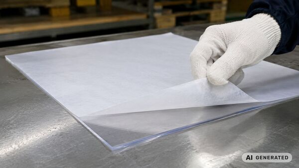 Transparentes Kunststoffteil mit BRANOperl Trennpapier als Oberflächenschutz in moderner Kunststoffverarbeitung – Schutz empfindlicher PET- und Acrylglasplatten vor Kratzern und Beschädigungen.