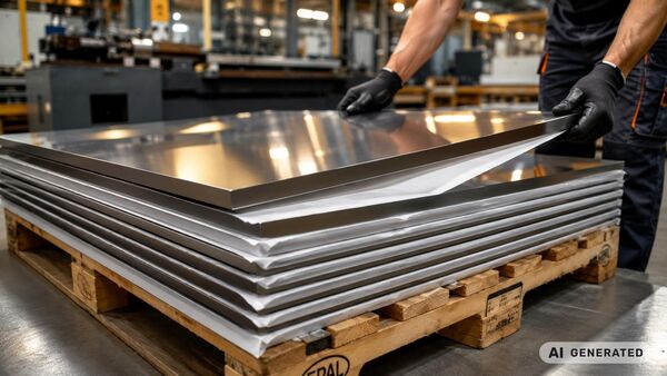 Hochglanzpolierte Metallplatten mit weißem silikonisiertem Trennpapier als Zwischenlage auf Europalette in moderner Heizofenproduktion – Mitarbeiter hebt obere Metallplatte an, Fokus auf Oberflächenschutz, industrielle Präzision und hochwertige Metallverarbeitung.