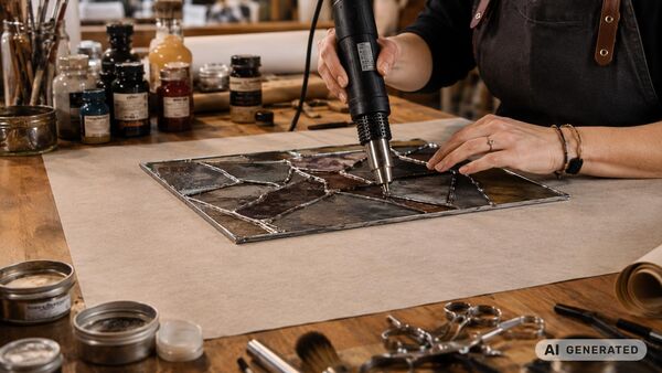 Nahaufnahme einer Künstlerin bei präziser Handarbeit mit Heißluftföhn auf einer flammhemmenden Schutzunterlage aus Spezialpapier im modernen Künstleratelier. Sichtbar sind kreative Werkzeuge, Farben und Materialien auf einem warm beleuchteten Arbeitstisch mit professioneller Atelier-Atmosphäre.