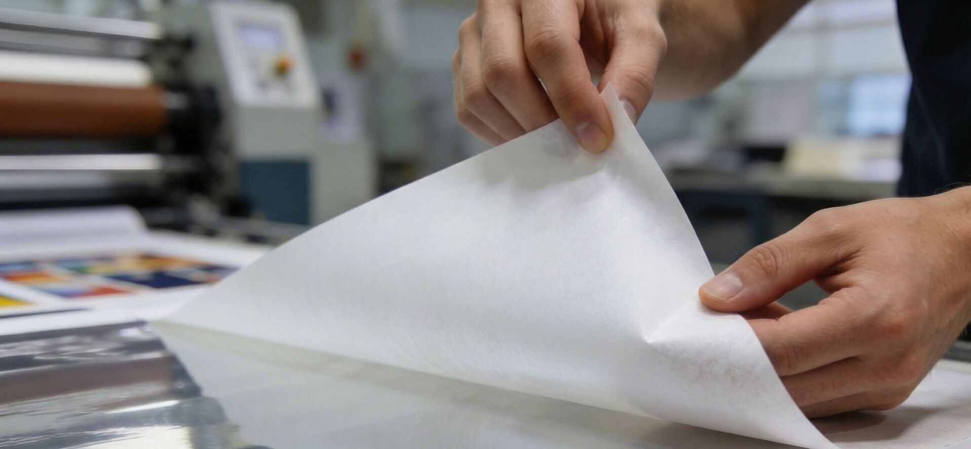 Siliconised release liner BRANOperl is removed from industrial adhesive film in a controlled manner and without leaving any residue. BRANOperl silicone paper for printing companies, being peeled off by hand in an industrial production environment.