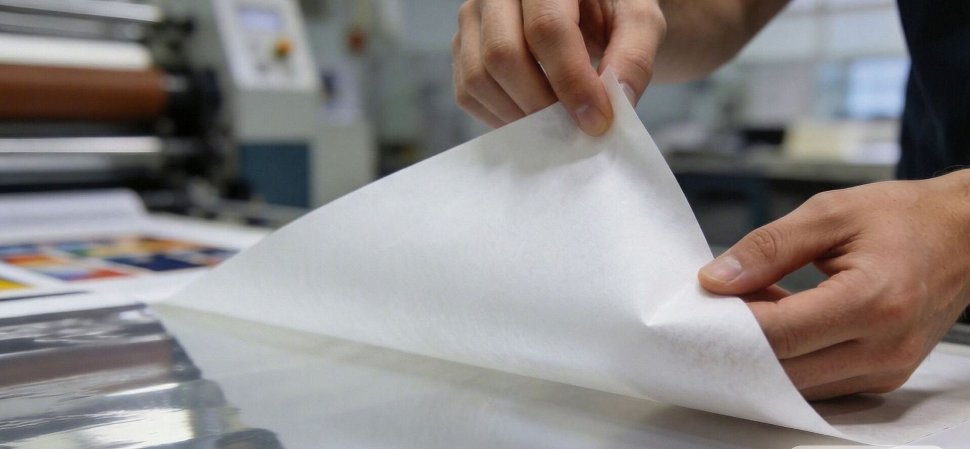 Silikonisiertes Trennpapier BRANOperl (Release Liner) wird kontrolliert und rückstandsfrei von einer industriellen Klebefolie gelöst. BRANOperl Silikonpapier für Druckereien, das in einem industriellen Produktionsumfeld von Hand abgezogen wird.