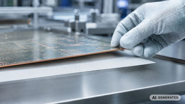 BRANOperl für saubere Trennprozesse in der Leiterplattenfertigung Basisleiterplatte mit Trennpapier in moderner PCB-Produktion – hochwertiger Oberflächenschutz bei der Herstellung von Leiterplatten in industrieller Elektronikfertigung