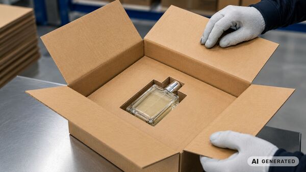 BRANOseal Wellpappe-Inlay in nachhaltiger Versandverpackung mit passgenauem Parfümflakon – selbsthaftendes Wellpapp-Inlay als plastikfreie Alternative zu Schaumstoffverpackungen in moderner Industrieumgebung.