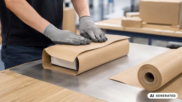 Fachkraft verpackt ein Produkt mit BRANOseal selbstklebendem Kraftpapier auf modernem Verpackungstisch – nachhaltige papierbasierte Industrieverpackung ohne Klebeband mit selbsthaftender Verpackungslösung