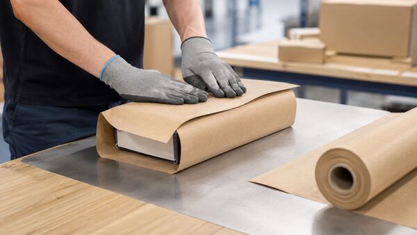 Papier autocollant BRANOseal pour une fixation fiable dans les applications industrielles Un employé qualifié emballe un produit à l'aide du papier kraft autocollant BRANOseal sur une table d'emballage moderne – un emballage industriel durable à base de papier, sans ruban adhésif, grâce à une solution d'emballage autocollante