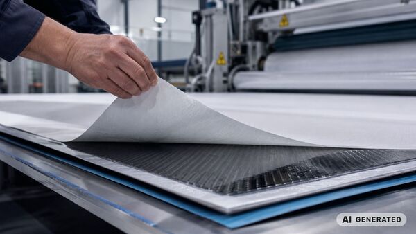 Silikonisiertes Release-Papier in der industriellen Composite-Fertigung Nahaufnahme eines silikonisierten Release-Papiers in einer modernen Composite-Fertigung: Das technische Trennpapier wird sauber von einer harzbeschichteten Verbundwerkstoffplatte gelöst. Sichtbare Carbonstruktur, präzise Materialtrennung und industrielle Produktionsumgebung mit Fokus auf hochwertige Oberflächenqualität und professionelle Composite-Verarbeitung.