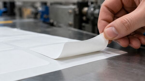 L'étiquette adhésive découpée est détachée de son papier support siliconé – application industrielle d'étiquetage Gros plan sur une étiquette autocollante découpée, que l'on détache manuellement le long du bord de découpe du papier support siliconé (Release Liner). Ligne de séparation visible entre l'étiquette et le papier support dans un environnement de production industrielle d'étiquettes et de rubans adhésifs.