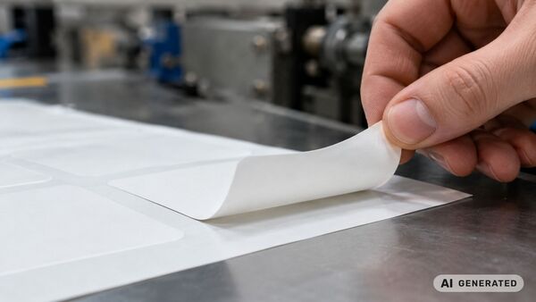 Nahaufnahme eines gestanzten selbstklebenden Etiketts, das von einer Hand kontrolliert entlang der Stanzkante von silikonisiertem Trägerpapier (Release Liner) abgezogen wird. Sichtbare Trennlinie zwischen Etikett und Trägerpapier in einer industriellen Produktionsumgebung für Etiketten und Klebebänder.