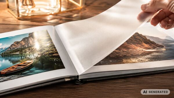 Geöffnetes Premium-Fotoalbum mit transparenten silikonisierten Trennblättern zwischen hochglänzenden Fotografien auf edlem Holztisch im warmen Tageslicht – hochwertige Schutzlösung für Fotoabzüge und Erinnerungen.