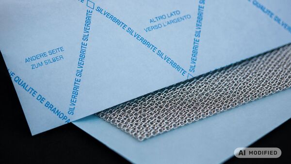 SILVERBRITE Silberanlaufpapier mit Silbernetz – Schutzpapier für Schmuck und Silberoberflächen Makroaufnahme von SILVERBRITE Silberanlaufpapier mit hochwertigem Silbernetz in Nahaufnahme – technisches Schutzpapier für Silberwaren, Schmuck und empfindliche Metalloberflächen mit originalem blauem Druckbild und edler Produktinszenierung.