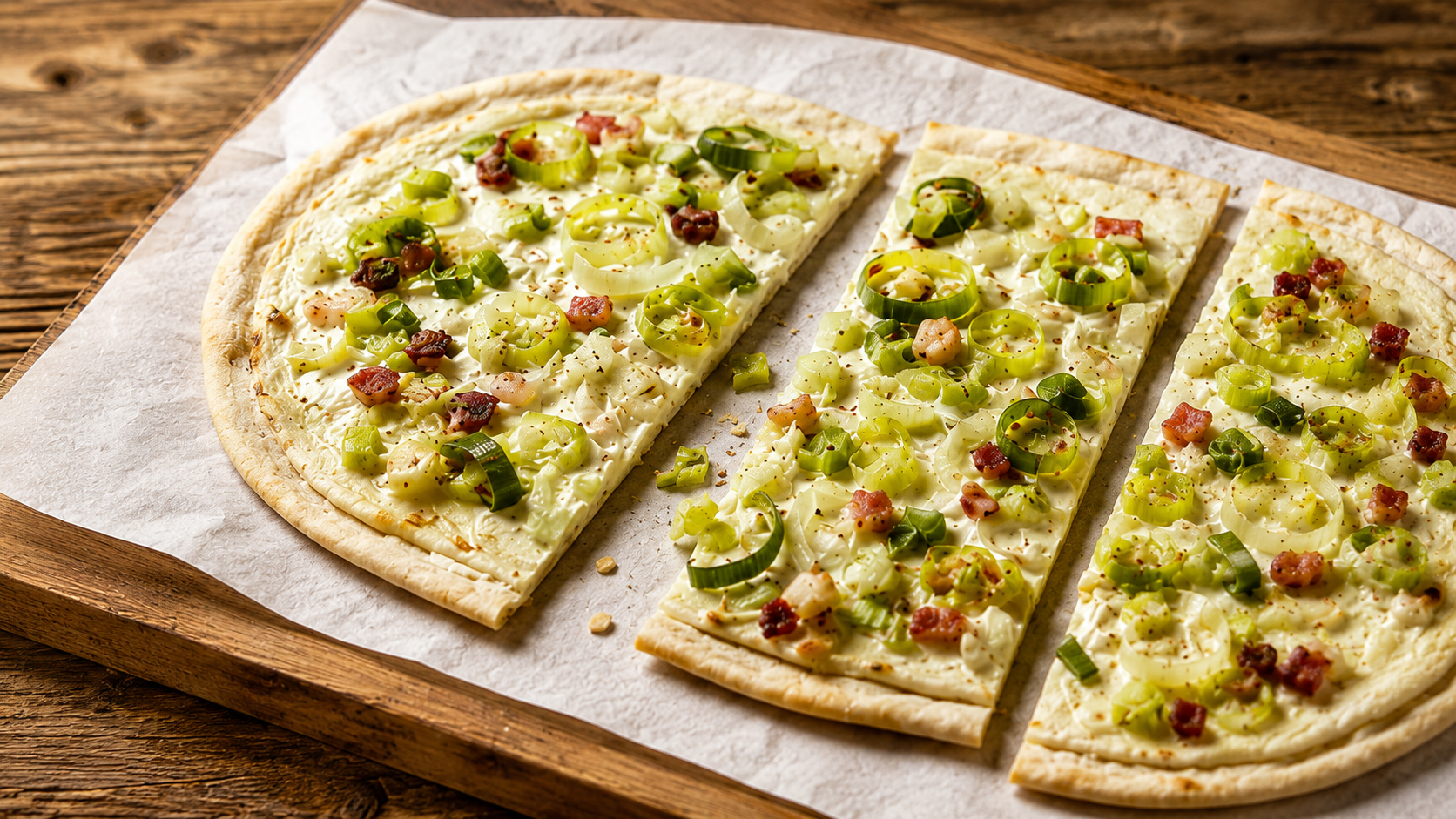 Papier sulfurisé pour tartes flambées : production, transport et cuisson Tarte flambée fraîchement garnie sur papier Blechrein Basic, présentée sur une plaque de cuisson avec des poireaux, des pistaches et une garniture crémeuse.