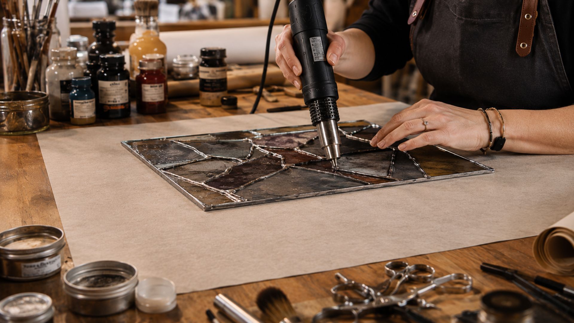 Artiste travaillant avec un pistolet à air chaud sur un papier de protection ignifuge dans un atelier moderne Gros plan d’une artiste réalisant un travail créatif de précision avec un pistolet à air chaud sur une surface de protection ignifuge en papier spécial dans un atelier d’artiste moderne. Outils artistiques professionnels, peintures, pinceaux et matériaux créatifs visibles sur une table de travail chaleureusement éclairée avec une ambiance d’atelier industrielle authentique.