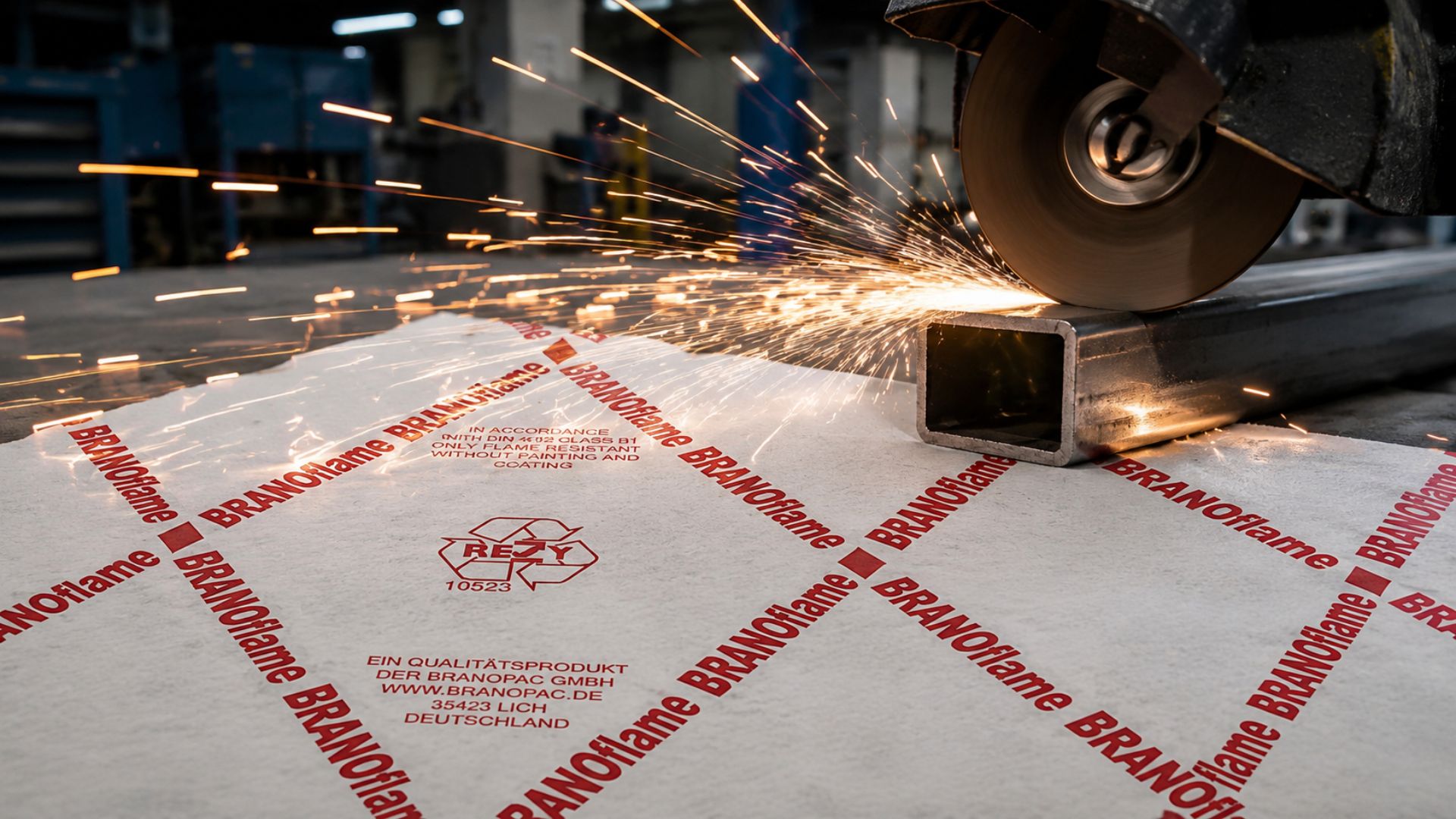 BRANOflame : papier ignifuge offrant une protection contre les étincelles Papier de protection BRANOflame dans une zone de production industrielle pour réduire les risques liés aux étincelles et protéger les surfaces sensibles.