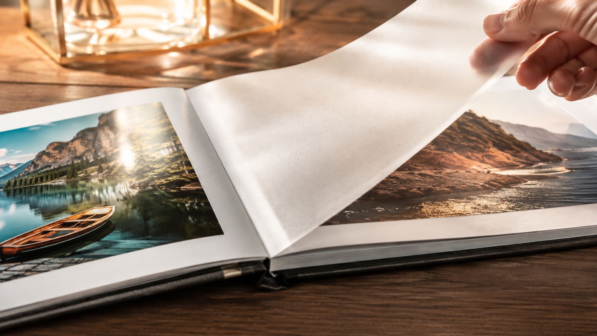 Album photo premium avec feuilles intercalaires siliconées pour la protection de photographies de haute qualité Album photo premium ouvert avec feuilles intercalaires siliconées transparentes entre des photographies brillantes sur une table en bois élégante à la lumière chaude du jour – protection haut de gamme pour tirages photo et souvenirs précieux.