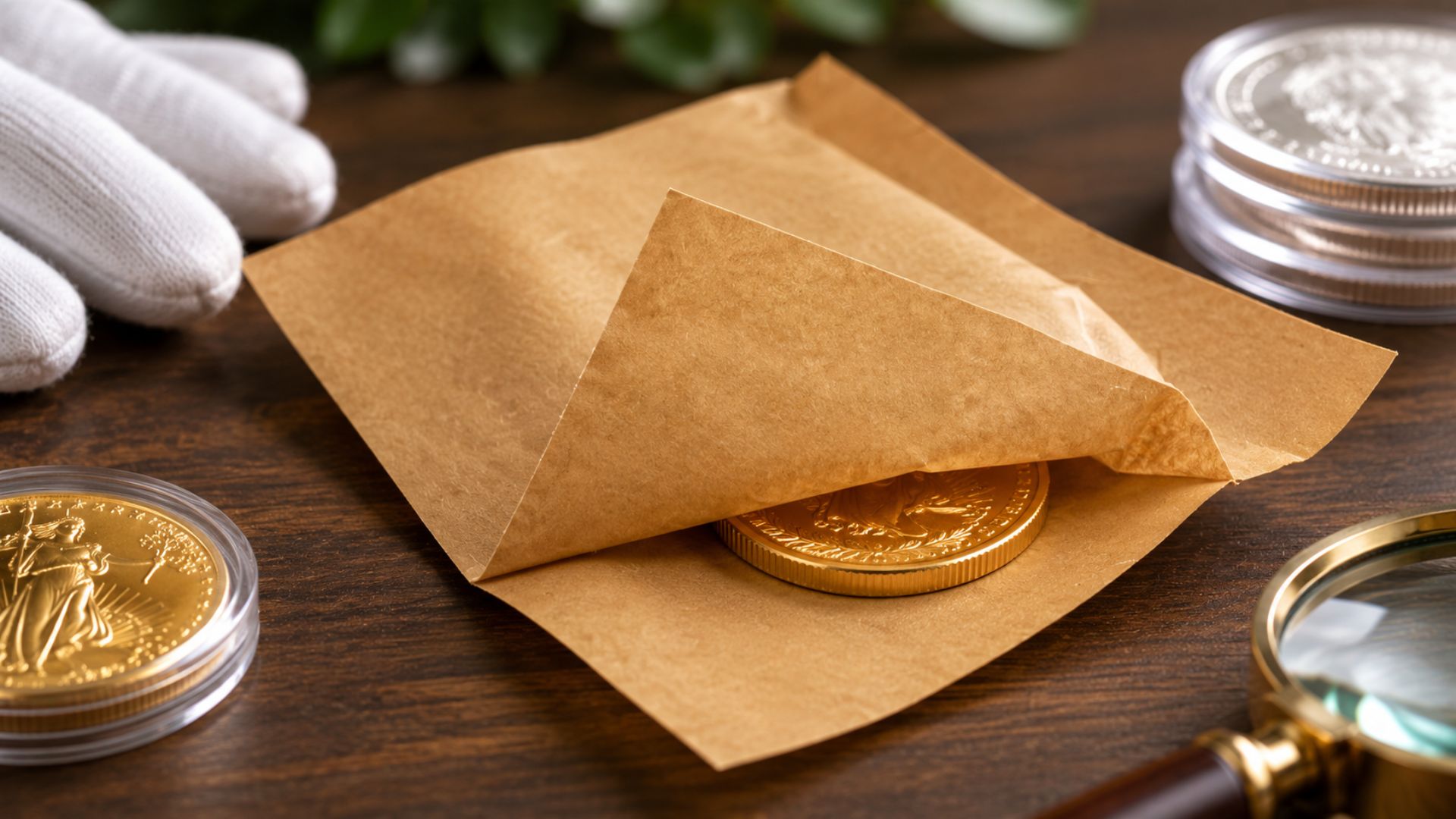 Papier d'emballage autocollant pour protéger et expédier en toute sécurité des pièces de collection de grande valeur Une précieuse pièce d'or emballée dans un papier d'emballage autocollant et soigneusement protégée sur un plan de travail, aux côtés d'autres pièces de collection. Une solution d'emballage haut de gamme pour les pièces, les métaux précieux et les objets de collection numismatiques, axée sur la protection des surfaces, la durabilité et une manipulation professionnelle.