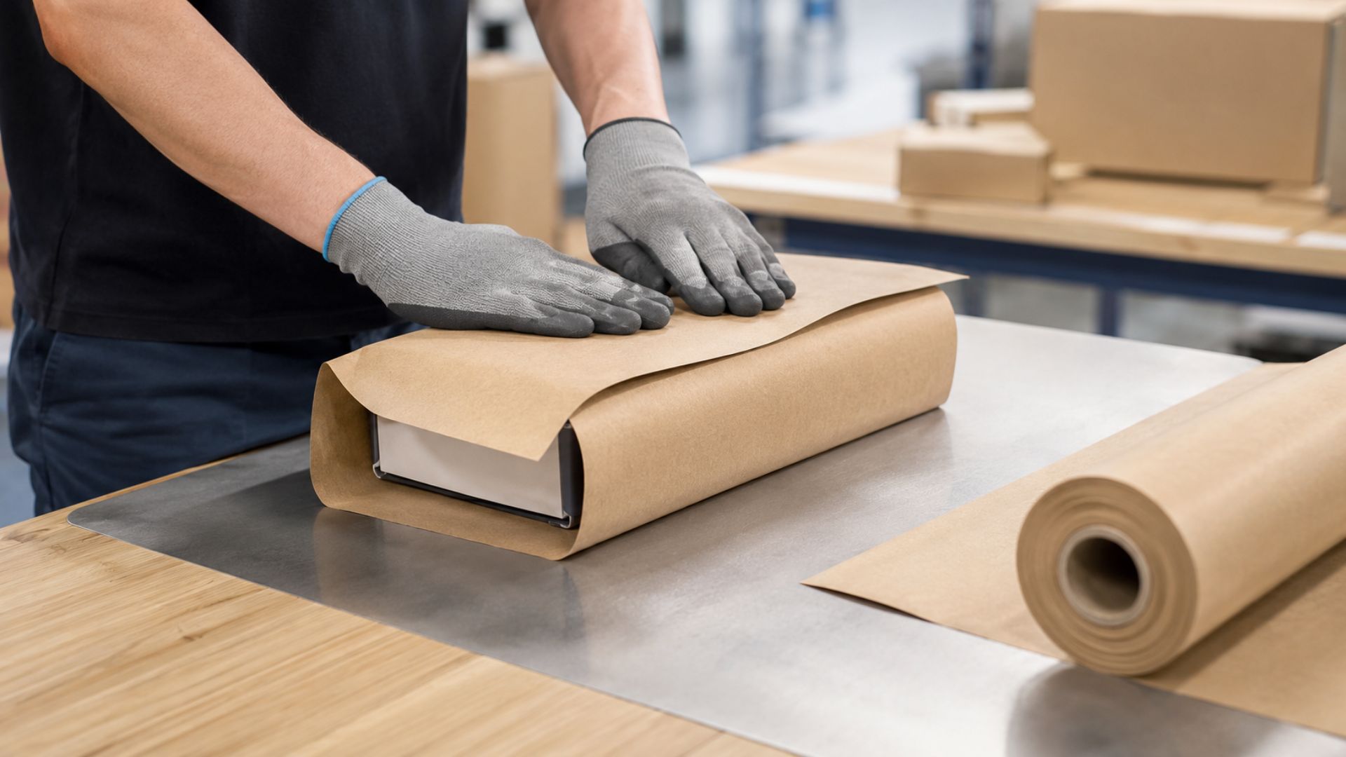 Un employé emballe un produit à l'aide du papier kraft autocollant BRANOseal sur une table d'emballage moderne – un emballage industriel durable à base de papier, sans ruban adhésif, grâce à la solution d'emballage autocollante de BRANOseal.