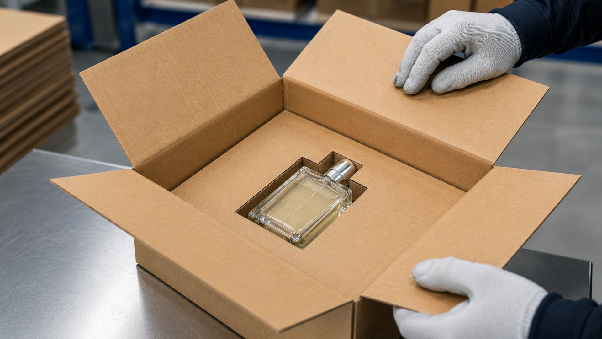 Insert en carton ondulé BRANOseal dans un emballage d'expédition durable avec un flacon de parfum parfaitement ajusté – insert en carton ondulé auto-adhésif, une alternative sans plastique aux emballages en mousse dans un environnement industriel moderne.