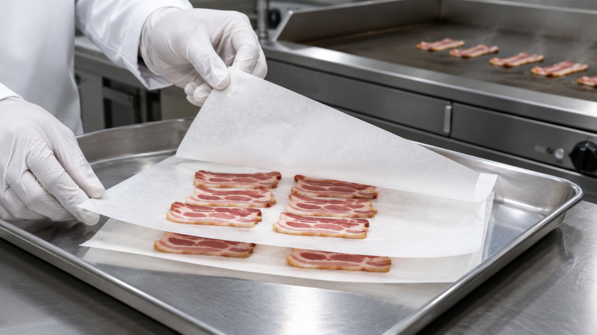 Papier de séparation en tôle pour le transport et la cuisson du bacon Papier antiadhésif Blechrein utilisé dans la production de bacon pour séparer proprement les tranches et optimiser les processus de cuisson.